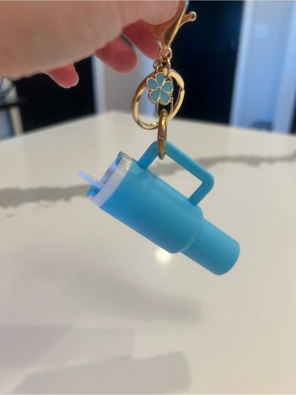 Blue Stanley Tumbler Keychain with Straw and Flower Charm